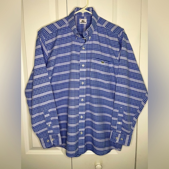 Lacoste Blue White Plaid Button Up Size Medium 40 Windowpane Woven Men’s Logo - Picture 1 of 9